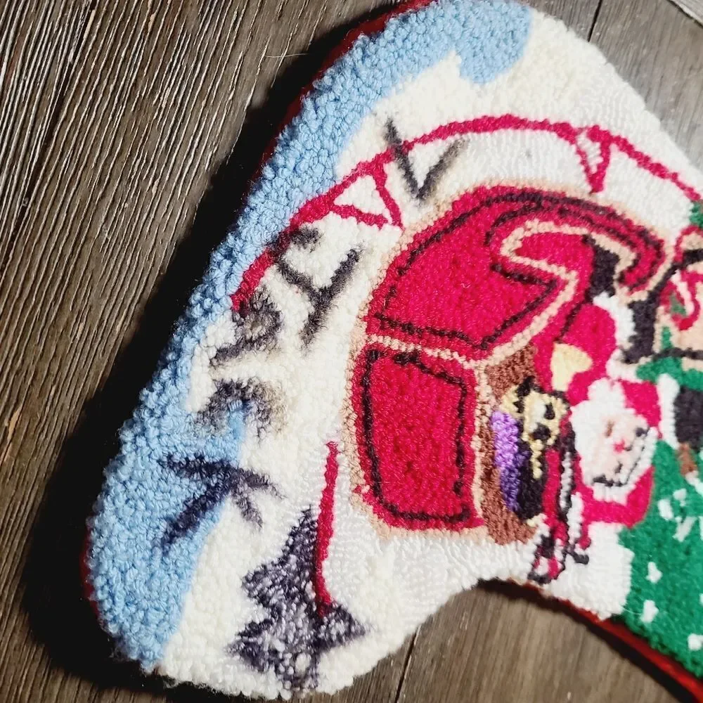 Vintage Christmas Needlepoint Stocking Santa Sleigh Reindeer